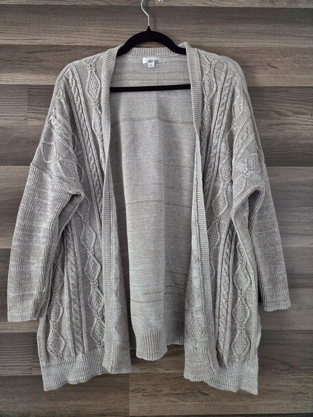 100% Cotton Oatmeal Heather Abound Open-Front Cable Knit Cardigan, Size Medium